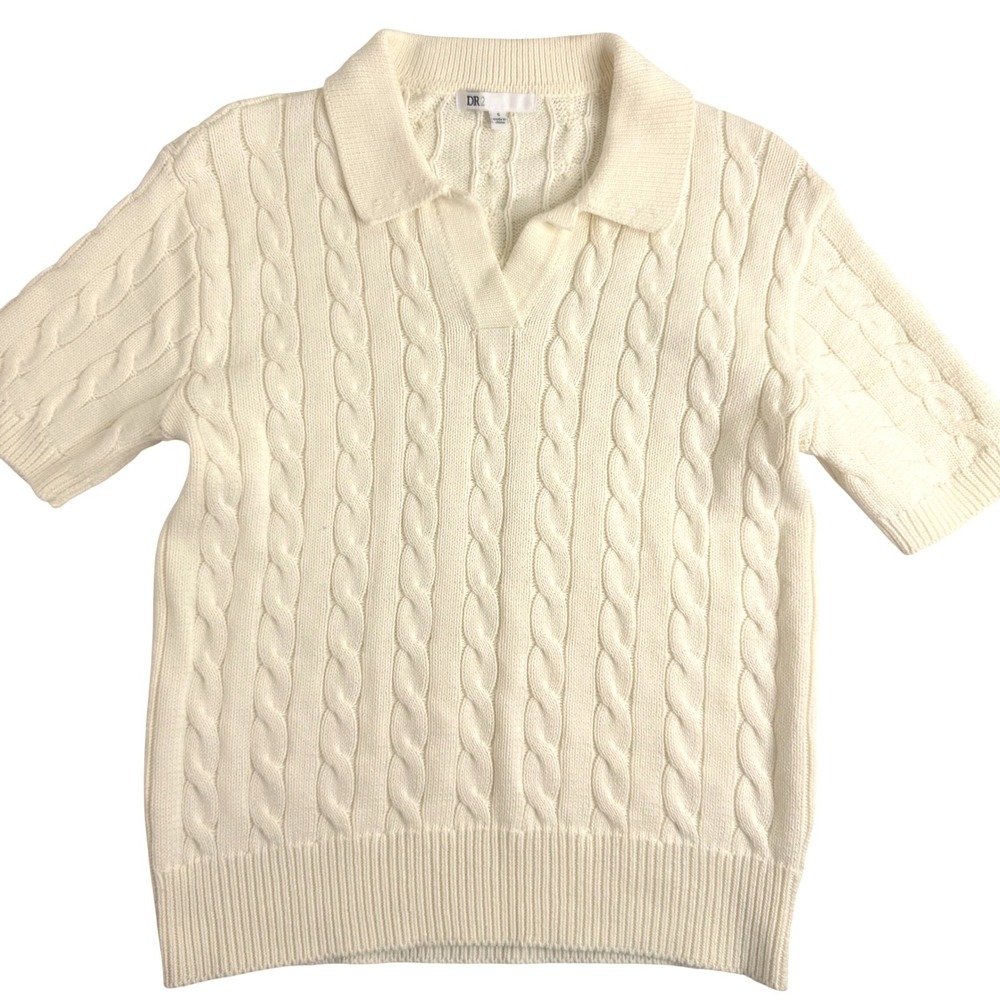 DR2 Womens Cream Cable Knit Short Sleeve Polo Sweater V-Neck Cotton Small